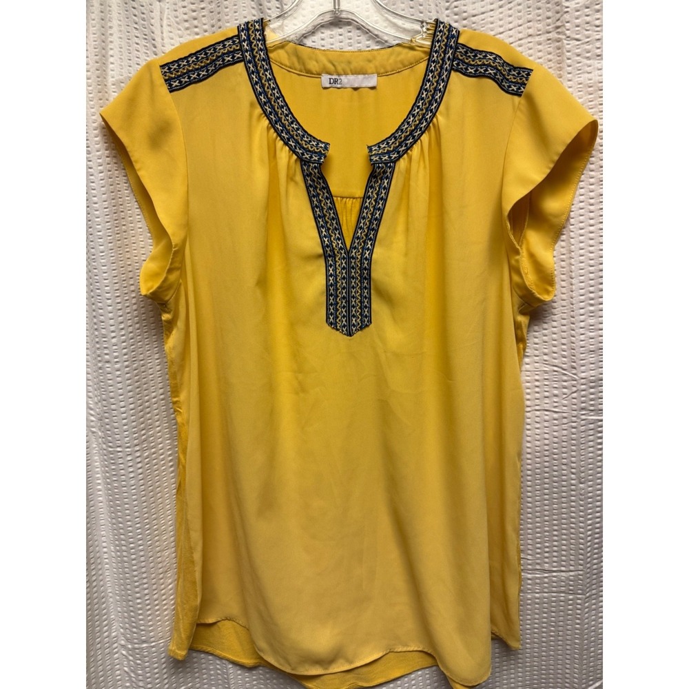DR2 Women's Yellow Embroidered‎ Blue White Detail V Neck Blouse Top Size XL